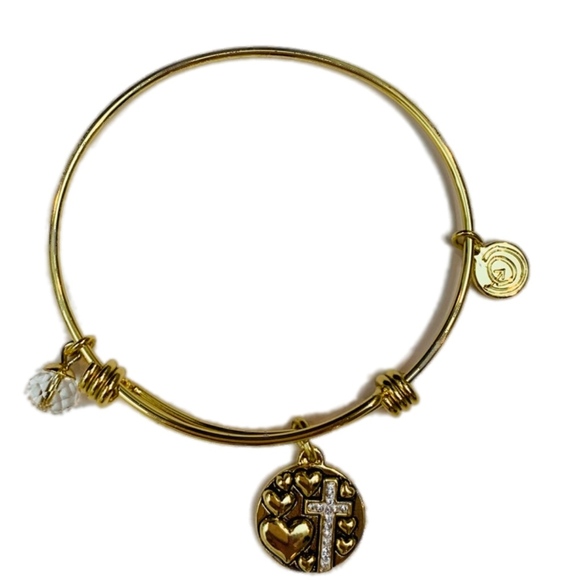 LOVE THIS LIFE Bracelet Bangle Faith Cross Crystal Charm Gold Tone - Picture 2 of 6
